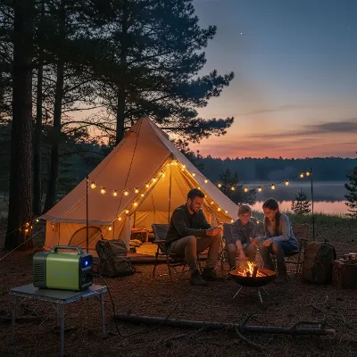 A family camping with a portable generator providing power for outdoor lights and charging devices.