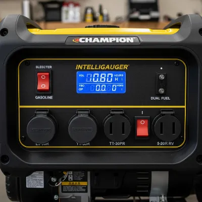 Close-up of the control panel of a Champion 3800-watt dual fuel portable generator, highlighting the Intelligauge display and various outlets. Realistic, well-lit.