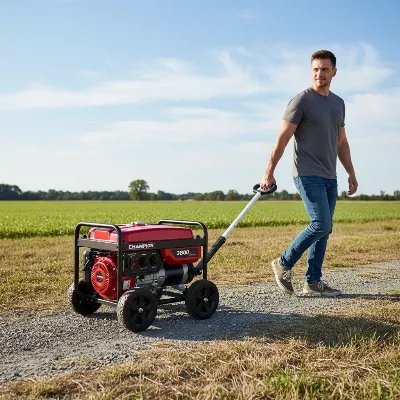 A person easily pulling a Champion 3800-watt portable generator with its wheel kit and folding handle across varied terrain. Realistic, outdoor setting, daytime.