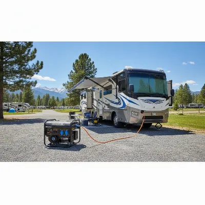 A Champion 3800-watt dual fuel portable generator connected to an RV, providing power, in a scenic camping setting. Realistic, sunny daytime.