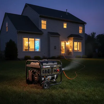 A Champion 3800-watt dual fuel portable generator providing power to a house during an outage, with lights on and a refrigerator running. Realistic style, outdoor setting at dusk.