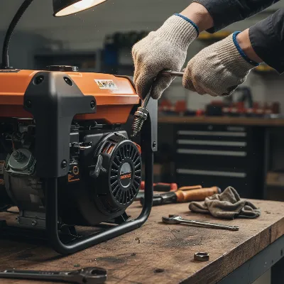 Technician checking a portable generator's spark plug for wear and proper gapping.