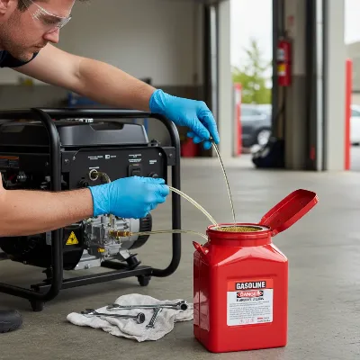 A person safely draining gasoline from a portable generator into an approved red fuel can in a well-ventilated outdoor area.