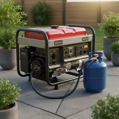 A dual fuel portable generator with separate gasoline tank and propane cylinder, highlighting fuel flexibility.