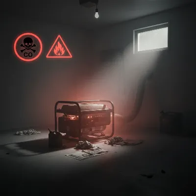 A gas portable generator with warning signs for carbon monoxide and fire hazards in a dimly lit, enclosed garage, emphasizing danger.