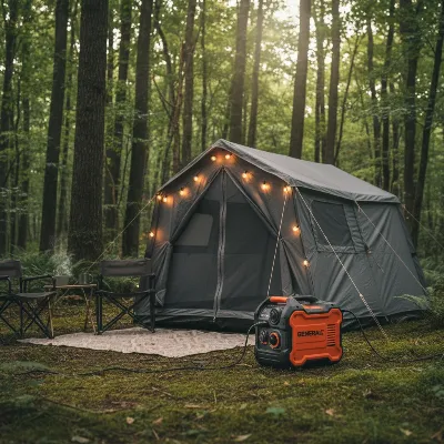 Generac GP2200i portable inverter generator providing power at a serene campsite with a tent and trees in the background.