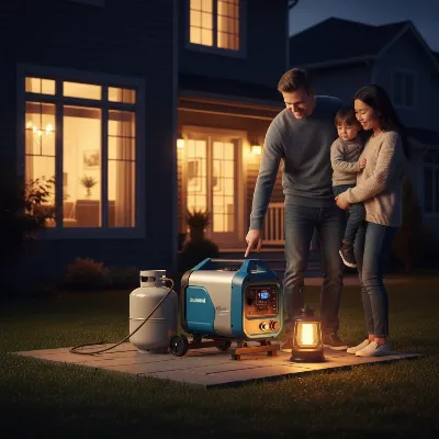 A family using a portable propane generator outside their suburban home during a power outage, with lights on inside and a secure distance from windows