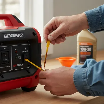 A person checking the oil level of a portable inverter generator, with tools laid out for basic maintenance.