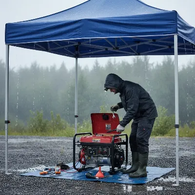 A person performing maintenance on a portable generator under a protective canopy during light rain, emphasizing safety and care.