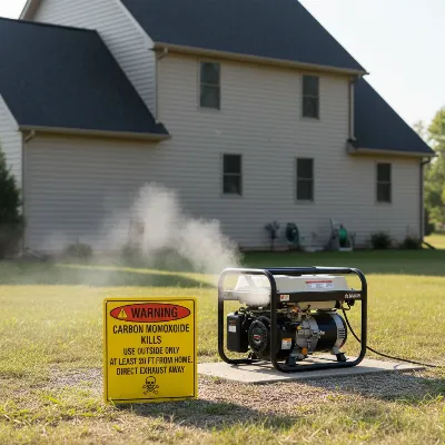 A portable generator running outdoors, far from a house, with a clear warning sign about carbon monoxide danger.