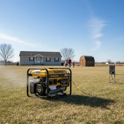 A Champion 3800-watt portable generator operating outdoors, with exhaust fumes clearly dissipating into the open air, emphasizing safety. Realistic, clear weather.
