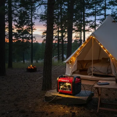 Honda EU2200i portable generator powering a campsite with lights and small appliances