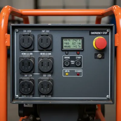 Close-up of a heavy duty portable generator's control panel with various power outlets and safety features visible.
