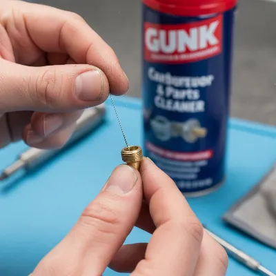 A close-up of a person using a thin wire to clear a jet from a portable generator carburetor, with a can of carburetor cleaner in the background, showing careful precision. 