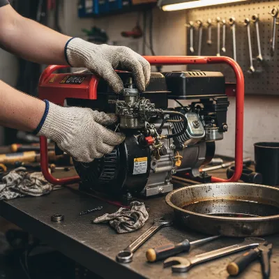 A person carefully removing a dirty carburetor from a portable generator engine, with various tools and a drain pan nearby, in a well-lit workshop. 