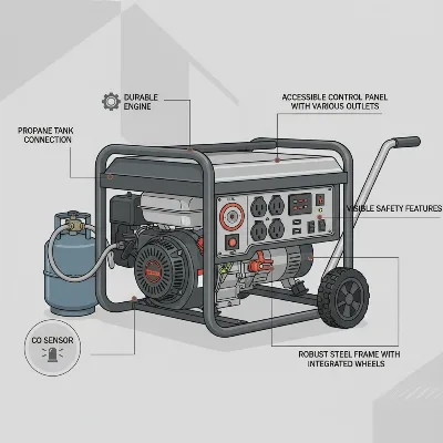 A detailed, clear illustration showing the key components of a portable propane generator, including the engine, fuel tank, control panel, outlets, wheels, and safety features