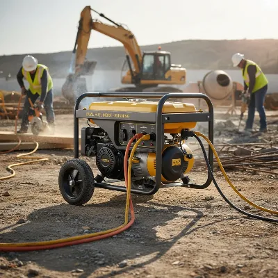 A sturdy conventional portable generator running on a construction site, powering heavy-duty tools, with workers in the background.