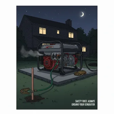 A portable generator with a visible grounding wire connected to a copper ground rod in the earth, demonstrating safe operation during an outage.
