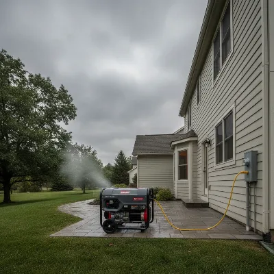 A modern portable generator connected to a residential house via an inlet box during a power outage scenario, emphasizing safe outdoor placement and professional setup.