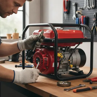 A person performing routine maintenance on a portable generator, checking fluids and spark plug.
