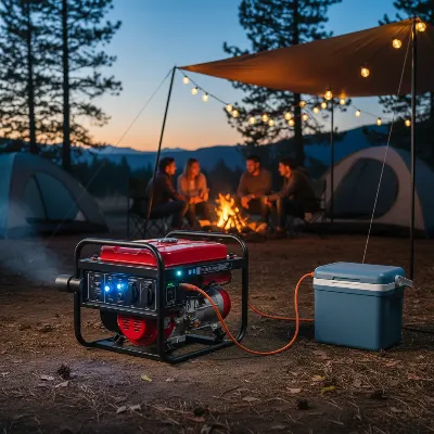 A portable generator running outdoors, providing power to camping equipment, with a focus on its compact design and usability.