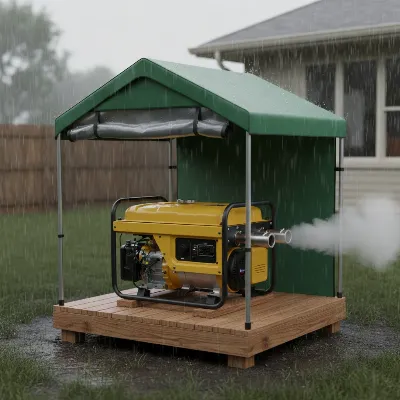 A portable generator running safely under a purpose-built, open-sided generator tent in the rain