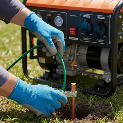 A person checking the connections of a portable generator with a focus on the grounding wire and ground rod, emphasizing safety precautions.