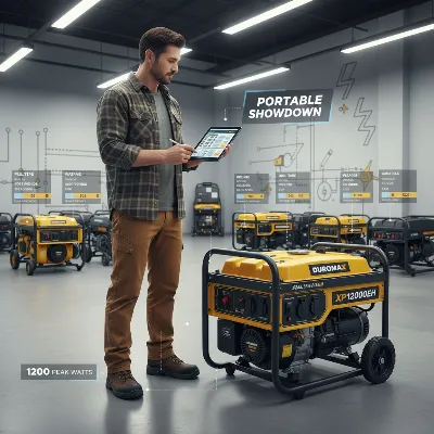 A person carefully evaluating different portable generators based on features, wattage, and fuel type.