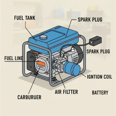 An illustrative diagram of a portable generator highlighting its key components for troubleshooting, including fuel tank, carburetor, spark plug, air filter, and battery.