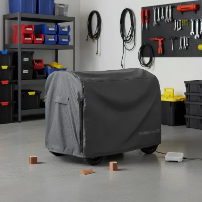A clean, covered portable generator safely stored in a garage for winter, with pest deterrents.