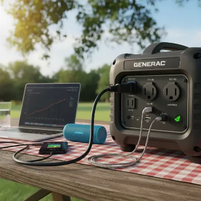 A Generac GP2200i portable inverter generator plugged into various sensitive electronic devices like a laptop, smartphone, and portable speaker, highlighting clean power delivery.