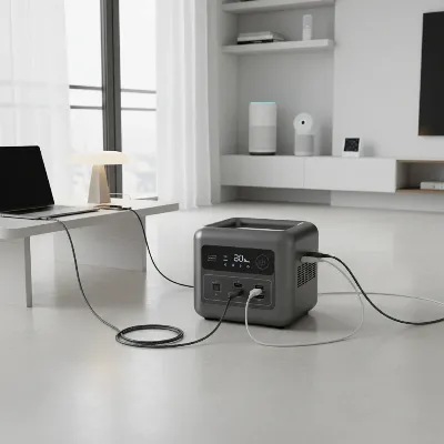 Portable power station on an apartment floor, charging multiple devices in a modern setting.