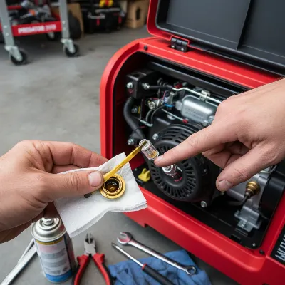 A close-up of a Predator 3500 Inverter Generator undergoing routine maintenance, with hands checking oil level and fuel filter.