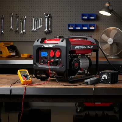 Predator 3500 Inverter Generator undergoing a quality test on a workbench with diagnostic tools.