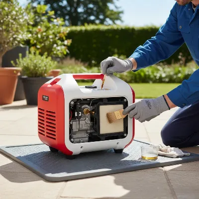 A person performing routine maintenance on a quiet portable generator, checking oil and air filter in a clean outdoor setting.