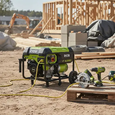 Ryobi 6,500W Open-Frame Inverter Generator powering tools on a construction site.