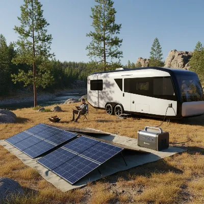 A portable solar generator with solar panels set up next to a modern RV in a scenic natural campsite, sunny day, editorial style, medium shot.