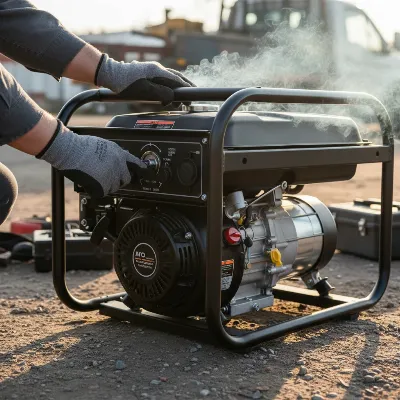 Technician warming up a portable generator engine before an oil change, with safety gloves